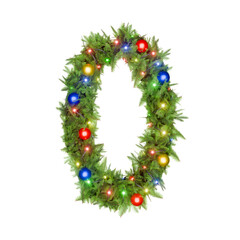 The number 0 is decorated with green festive garland and colorful lights.