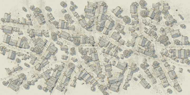 Top-down map of scattered ruins and village buildings in a parchment style scene