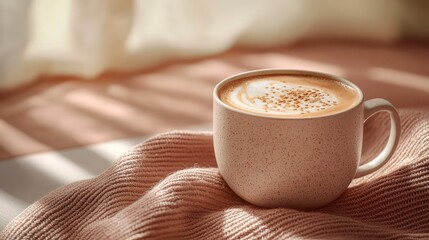 Warm cup of tea with oat foam on soft pink blanket indoors  