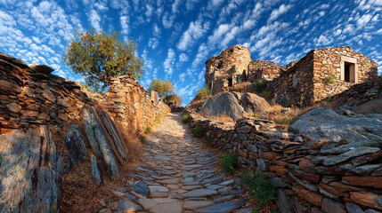 Ancient stone ruins pathway under a bright blue sky with clouds, historic atmosphere, weathered stones, and mystical outdoor scenery.
