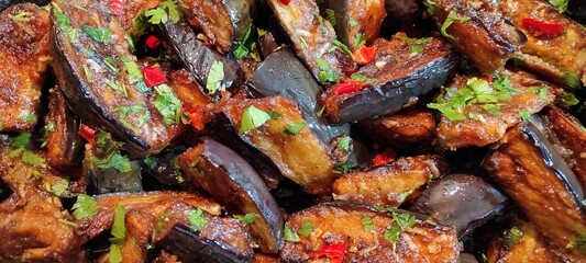 Fried Eggplants With Garlic Hot Pepper Herbs Fragrant Homemade Dinner Traditional Vegetable Dish