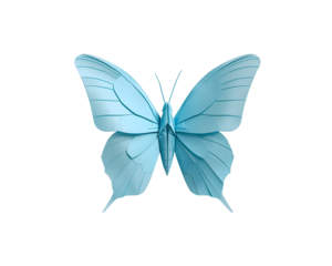 Detailed light blue origami butterfly with intricate folds floating on a isolated design