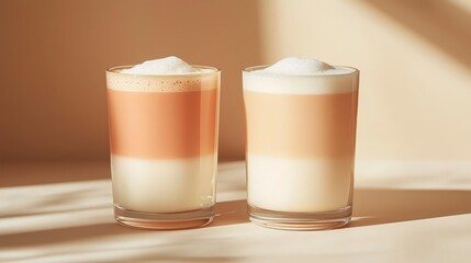 Cold foam tea in twin glasses with peach and jasmine layers  
