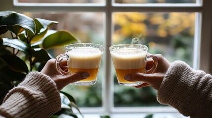 Two hands holding warm cold foam tea mugs by the window with plants  