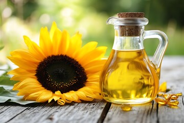 Sunflower with Glass Jar of Yellow Oil and Scattered Softgel Capsules on Rustic Table