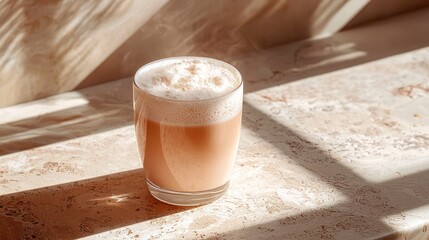Cold foam tea in glass on minimal stone surface with sunlight  