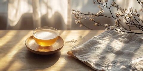 Cold foam tea in a cup on a wooden table with natural lighting  