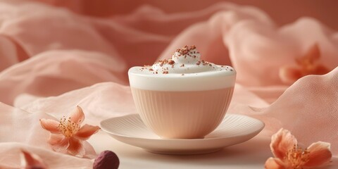 Lychee foam tea with cocoa sprinkles in a pink bowl on soft fabric  