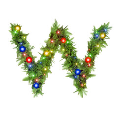 The letter W is decorated with green festive garland and colorful lights..