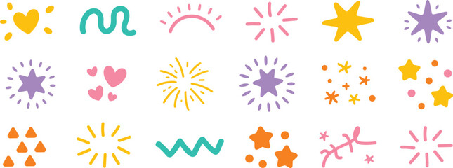 Colorful sparkle icons, abstract shapes, heart burst, star squiggle, celebration symbols, playful design elements, flat vector illustration, decorative graphics