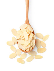 Fresh almond flakes in spoon isolated on white, top view