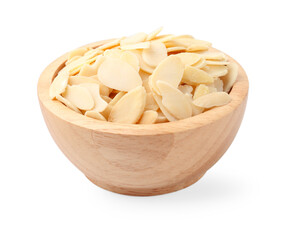 Fresh almond flakes in bowl isolated on white