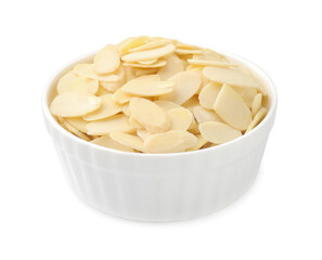 Fresh almond flakes in bowl isolated on white