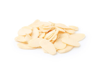 Pile of fresh almond flakes isolated on white