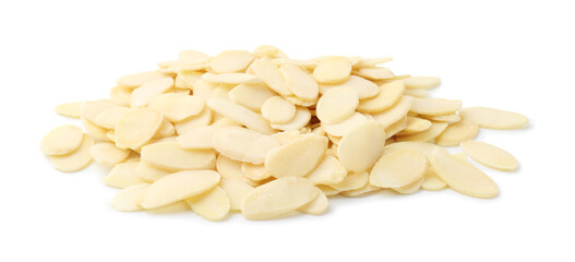 Pile of fresh almond flakes isolated on white