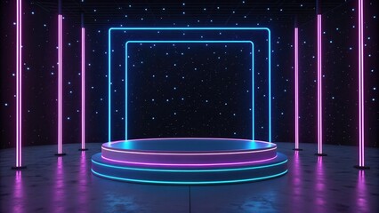 Futuristic stage with neon blue and pink lights against starry night sky