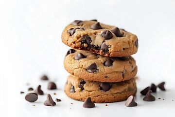 Stack of Three Chocolate Chip Cookies with Delicious Melty Chips on White