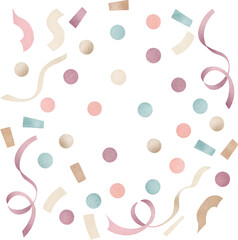 Watercolor confetti and ribbon celebration on transparent background.