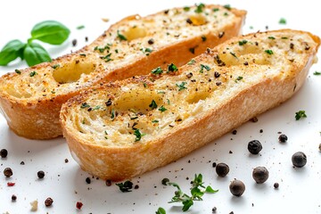 Two Golden Garlic Bread Slices Garnished with Herbs and Spices on White Surface