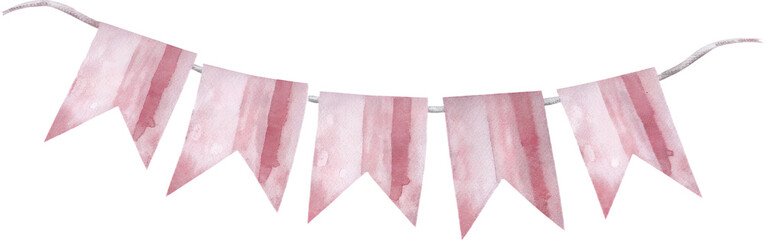 Watercolor pink birthday pennant banner on transparent background.
