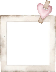 Watercolor frame with pink heart clip on transparent background.