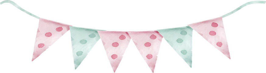 Watercolor pink and mint polka dot pennant banner on transparent background.