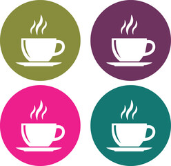 Obraz premium Four steaming coffee cups on saucers in circular backgrounds olive green plum pink teal hot drink