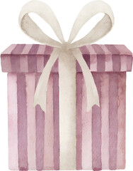 Watercolor striped gift with ribbon on transparent background.
