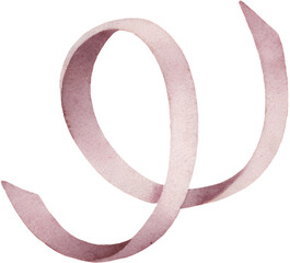 Watercolor pink ribbon curl for birthday decoration on transparent background.