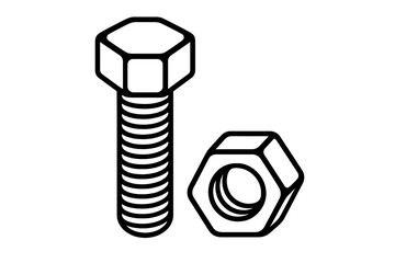 Structural bolt and hex nut icon in black outline style, isolated on white background. Construction, repair, and building hardware tool symbol vector illustration with transparent background.