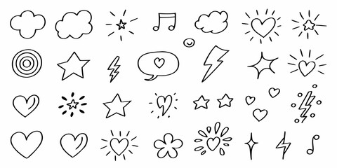 Collection of hand drawn doodle icons including hearts stars clouds lightning bolts music notes and speech bubble
