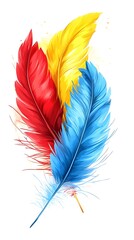 Watercolor Feathers Set Red, Yellow, Blue on White Background Artistic Decoration