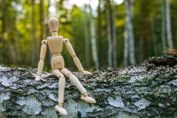 A wooden figure is sitting on a log in a forest