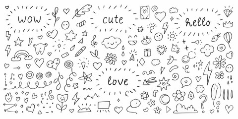 Collection of hand drawn doodle elements including hearts stars clouds flowers lightning bolts and text like wow cute and love