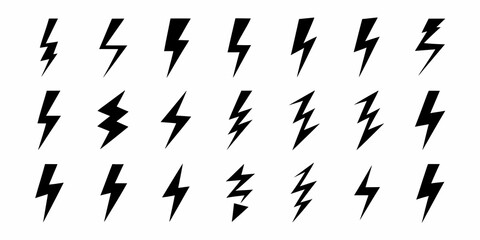 Collection of black lightning bolt icons and symbols on a white background