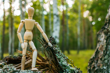 A wooden figure stands on a log in the forest. the background is blurred
