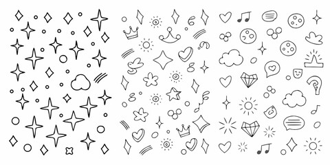 Collection of hand drawn doodle icons featuring stars hearts clouds suns diamonds music notes and crowns