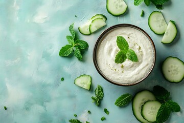 White Dip in Bowl with Cucumber Slices and Fresh Mint Leaves on Turquoise Surface