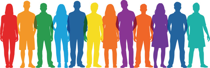 Rainbow human silhouettes, colorful diverse people, gradient figures standing together, inclusion unity concept, equality representation, cad drawing flat vector illustration