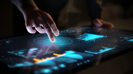 Ultra realistic image of holographic data visualization projected above a sleek table, person s hand interacting with glowing graphs in futuristic