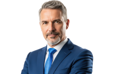 Formal portrait of a distinguished middleaged man with gray hair and beard, wearing a blue suit and tie, isolated on transparent background