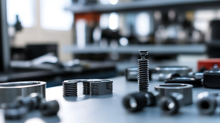 Naklejka premium Precision springs and metal parts on a clean workbench under soft light, showcasing precision engineering and manufacturing details.