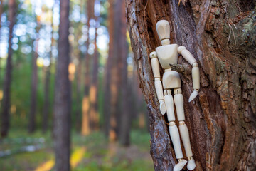 A wooden figure is sitting on a tree branch