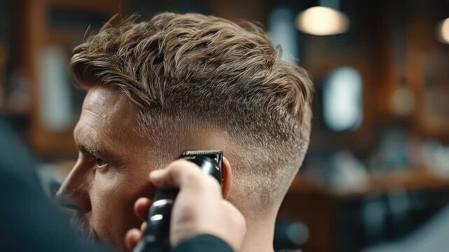 A barber gives a man a fade, using clippers to cut hair on the side of his head
