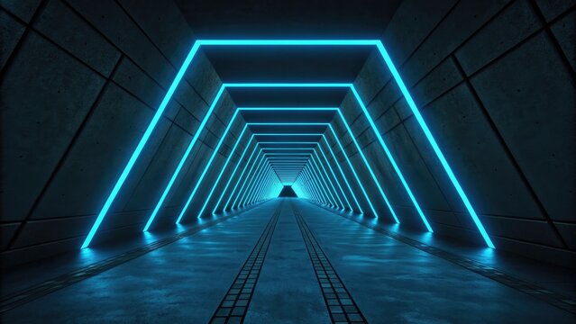 Futuristic neon tunnel with glowing blue lines and wet floor, abstract scifi