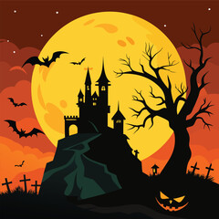 Spooky halloween castle silhouette on a hill under a giant full moon with bats and a creepy tree