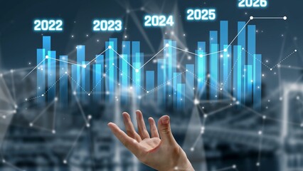 Business bar chart and line graph showing yearly business growth from 2022 to new year 2026, represent data analytics, future 2026 planning, business 2026 trend, and performance analysis 2026 Marrow