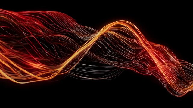 Abstract image featuring flowing, illuminated lines in fiery red and orange hues on a dark background