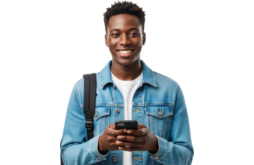 A smiling young black man in a denim jacket holding a smartphone, with a backpack strap visible, isolated on transparent background