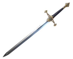 Elegant fantasy sword with ornate gold detailing and a reflective silver blade on display